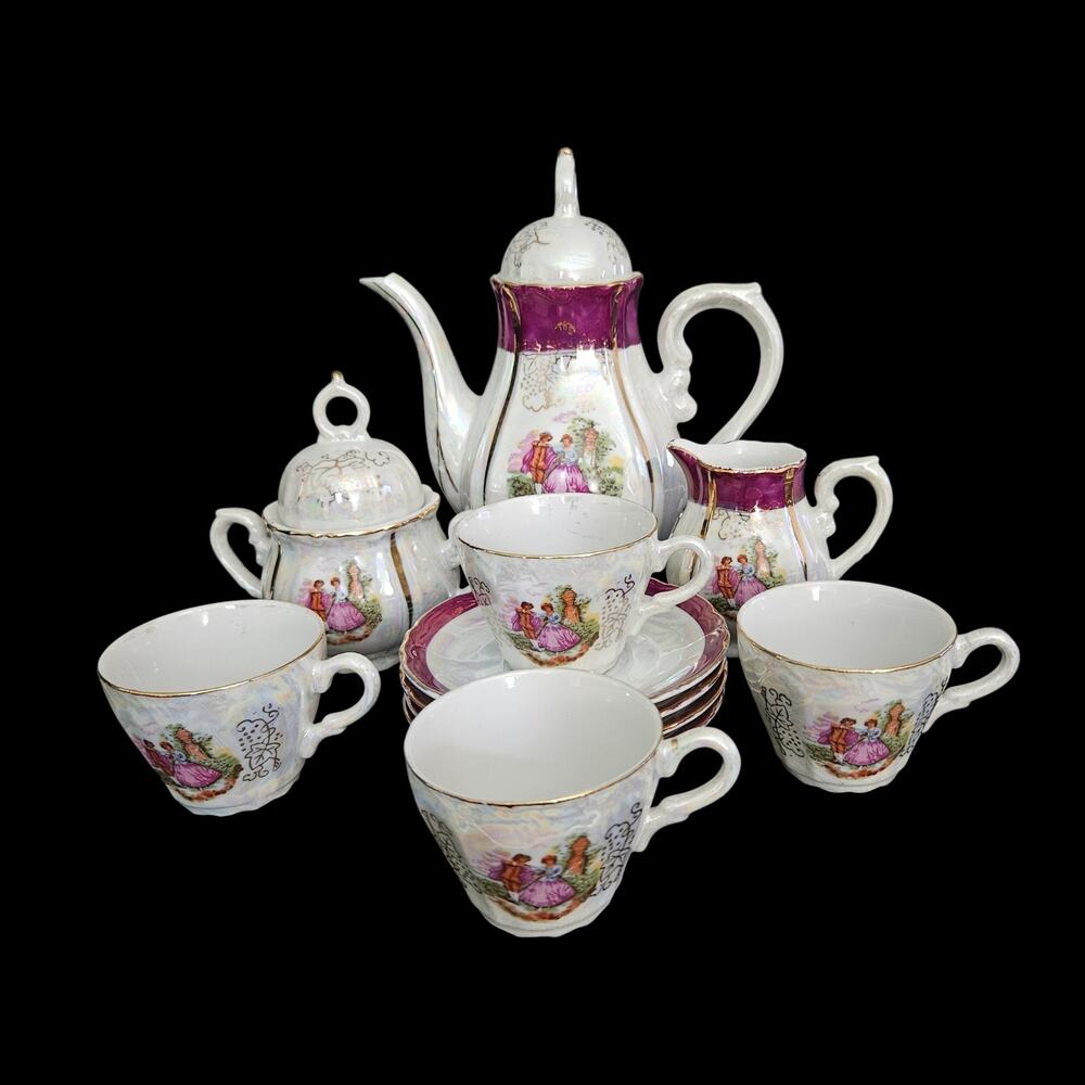 Vintage 13 Pc Japanese Lusterware Tea Set Purple Trim Courting Scene Porcelain
